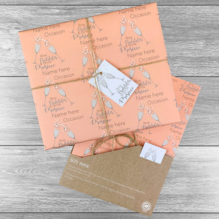 4 sheets Prosecco Any Occasion Birthday Giftwrap with tags and twine. Choice of colours. - Hexcanvas