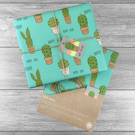 4 sheets Cacti Happy Birthday Giftwrap with tags and twine.  Choice of colours. - Hexcanvas
