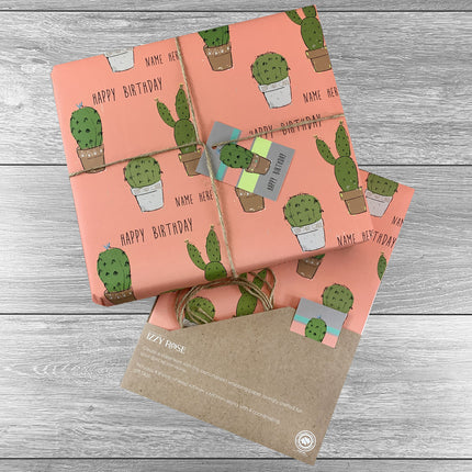 4 sheets Cacti Happy Birthday Giftwrap with tags and twine.  Choice of colours. - Hexcanvas