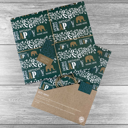 4 sheets Elephant Jungle Happy Birthday Giftwrap with tags and twine. - Hexcanvas