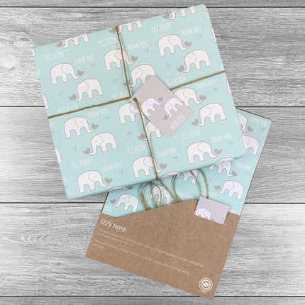 4 sheets Elephants Any Occasion Giftwrap with tags and twine. Choice of colours. - Hexcanvas