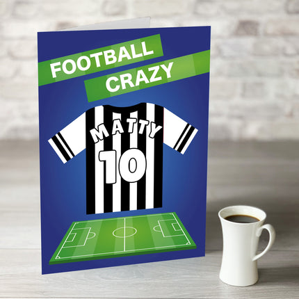 Football Crazy Birthday Card with Personalised Black and White Shirt - Hexcanvas