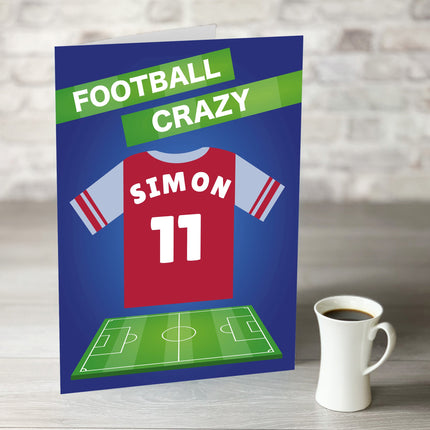 Football Crazy Birthday Card with Personalised Claret and Blue Shirt - Hexcanvas