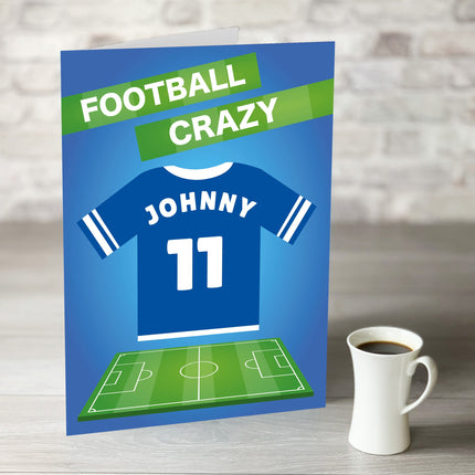 Football Crazy Birthday Card with Personalised Blue Shirt - Hexcanvas