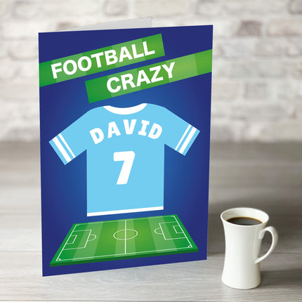 Football Crazy Birthday Card with Personalised Sky Blue Shirt - Hexcanvas
