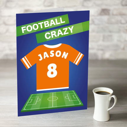 Football Crazy Birthday Card with Personalised Orange Shirt - Hexcanvas
