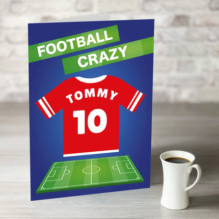 Football Crazy Birthday Card with Personalised Red Shirt - Hexcanvas