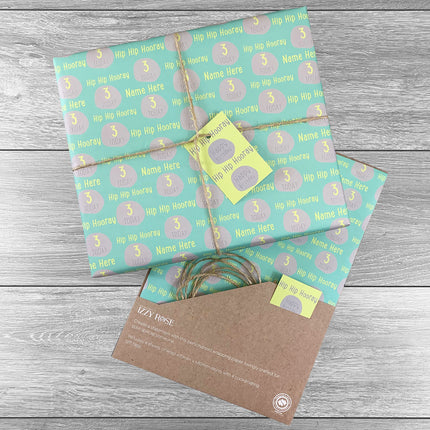 4 sheets Hip Hip Hooray Birthday Giftwrap with tags and twine.  Choice of colours. - Hexcanvas