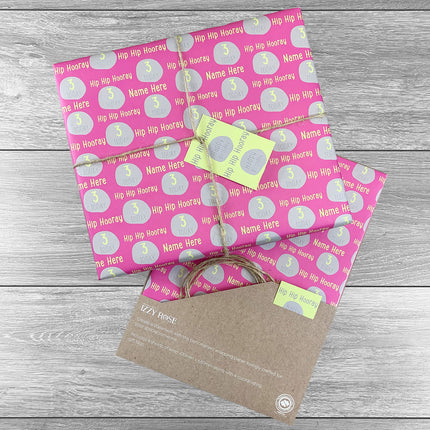 4 sheets Hip Hip Hooray Birthday Giftwrap with tags and twine.  Choice of colours. - Hexcanvas