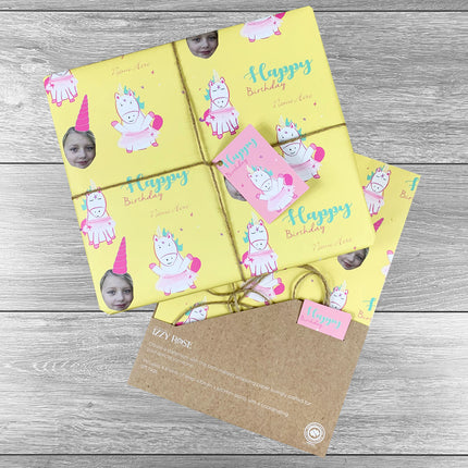 4 sheets Unicorn Birthday Photo Upload Giftwrap with tags and twine. Choice of colours. - Hexcanvas