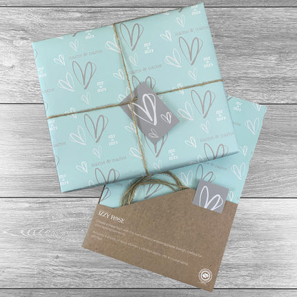 4 sheets Mr & Mrs Anniversary Giftwrap with tags and twine. Choice of colours. - Hexcanvas