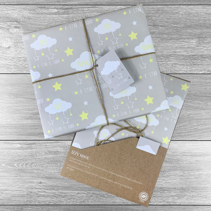 4 sheets New Baby Giftwrap with tags and twine. Choice of colours. - Hexcanvas