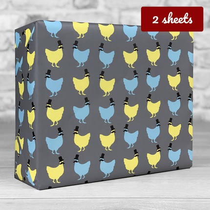 Top Hat Chicken Giftwrap - Blue Yellow on Grey - Hexcanvas