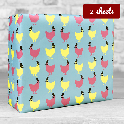 Top Hat Chicken Giftwrap- Yellow Pink on Blue - Hexcanvas