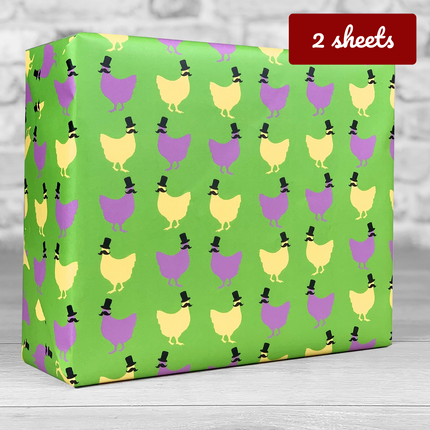 Top Hat Chicken Giftwrap - Yellow Pink on Green - Hexcanvas