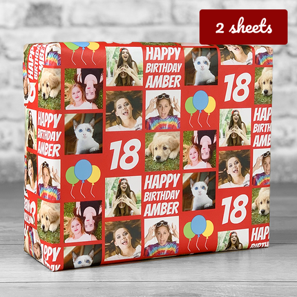 Personalised Gift Wrap - Happy Birthday Editable Age / Name - Red - Hexcanvas