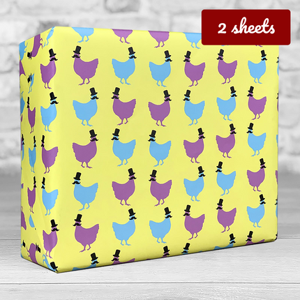 Top Hat Chicken Giftwrap - Blue Pink on Yellow - Hexcanvas