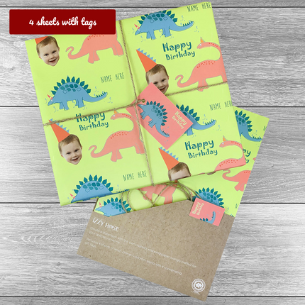 4 sheets Dinosaur Giftwrap with tags and twine. - Hexcanvas