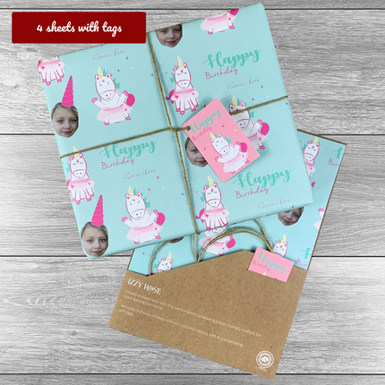 4 sheets Unicorn Birthday Photo Upload Giftwrap with tags and twine. Choice of colours. - Hexcanvas