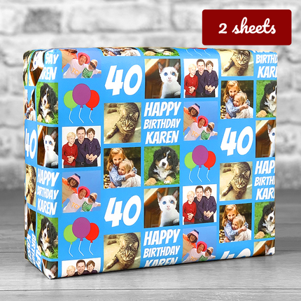 Personalised Gift Wrap - Happy Birthday Editable Age / Name - Blue - Hexcanvas