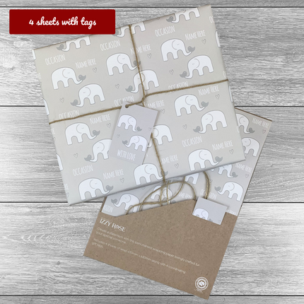 4 sheets Elephants Any Occasion Giftwrap with tags and twine. Choice of colours. - Hexcanvas