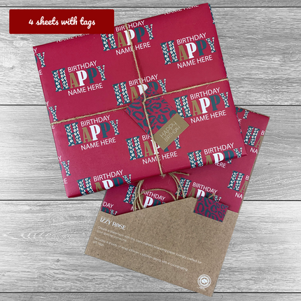 4 sheets Bold Happy Birthday Giftwrap with tags and twine.  Choice of colours. - Hexcanvas