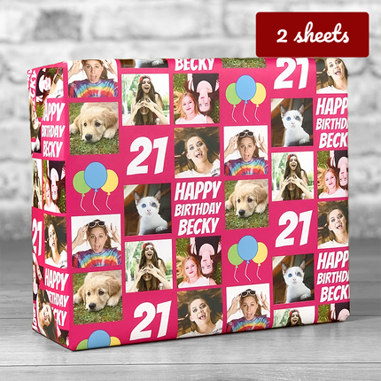 Personalised Gift Wrap - Happy Birthday Editable Age / Name - Pink - Hexcanvas