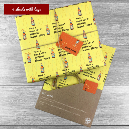 4 sheets Beertastic Birthday Giftwrap with tags and twine. Choice of colours. - Hexcanvas