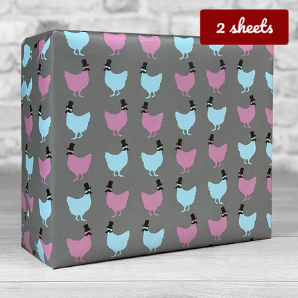 Top Hat Chicken Giftwrap- Blue Pink on Grey - Hexcanvas