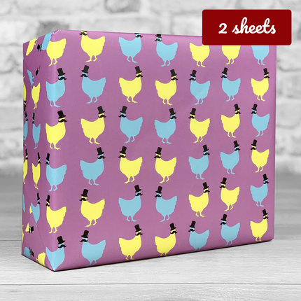 Top Hat Chicken Gift Wrap - Yellow Blue on Pink - Hexcanvas